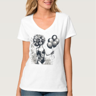 Woman Holding A Bunch of Balloons Line Silhouette T-Shirt