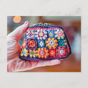 Woman Holding a Crocheted Coin Purse Made From Gra Postcard