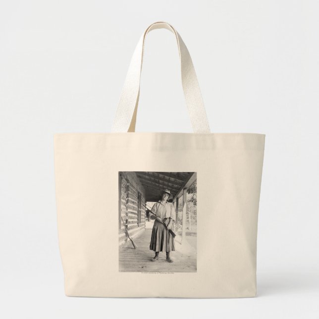 Woman holding a rifle on a porch large tote bag (Front)
