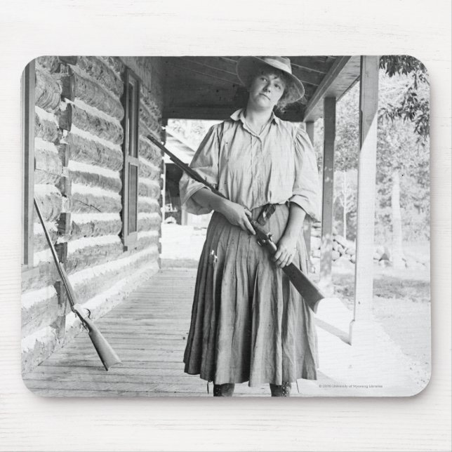 Woman holding a rifle on a porch mouse mat (Front)