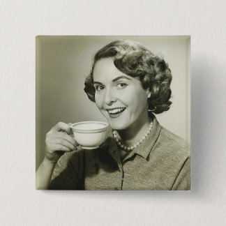 Woman Holding Cups 15 Cm Square Badge