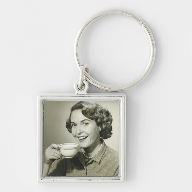 Woman Holding Cups Key Ring (Front)