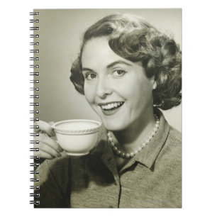 Woman Holding Cups Notebook