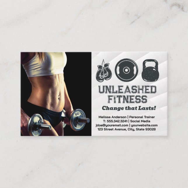 Woman Holding Dumbbells | Gym Equipment Icons Business Card (Front)