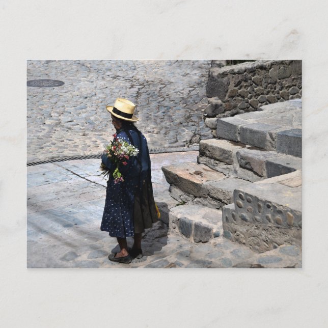 Woman Holding Flowers, Ollantaytambo, Peru Postcard (Front)