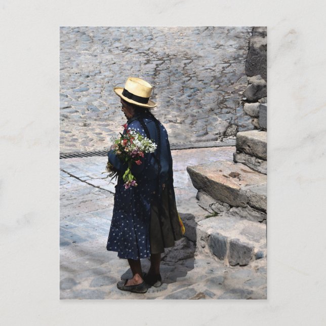 Woman Holding Flowers, Ollantaytambo, Peru (Vert) Postcard (Front)