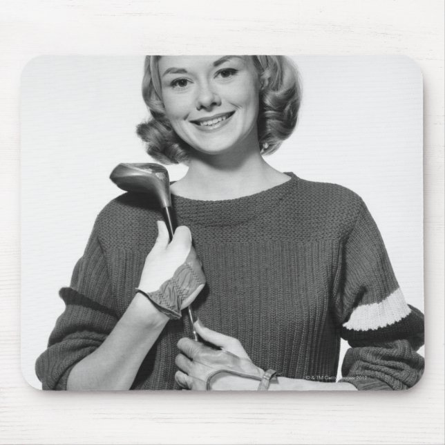 Woman Holding Golf Club Mouse Mat (Front)
