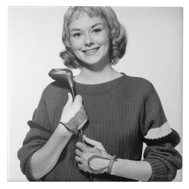 Woman Holding Golf Club Tile (Front)