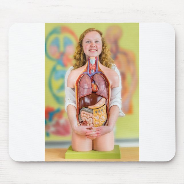 Woman holding human body with internal organs.JPG Mouse Mat (Front)