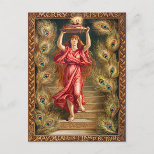 Woman holding lamp with flame from Aladdin's Lamp Holiday Postcard