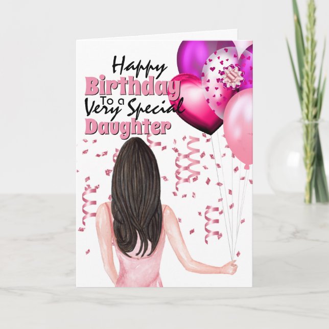 Woman holding pink balloons confetti party card (Front)