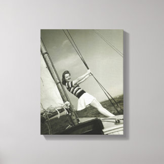 Woman Holding Rigging on Yacht Canvas Print