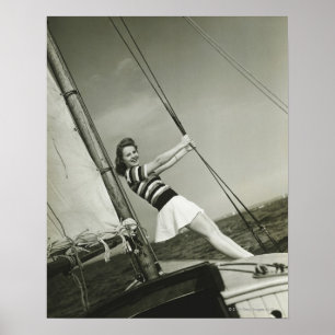 Woman Holding Rigging on Yacht Poster