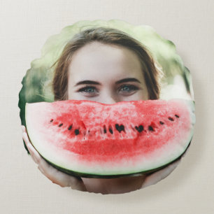 Woman holding sliced watermelon round cushion