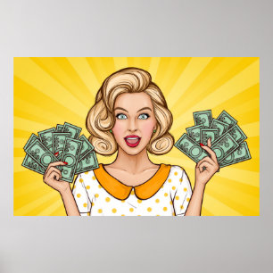 Woman holds money poster
