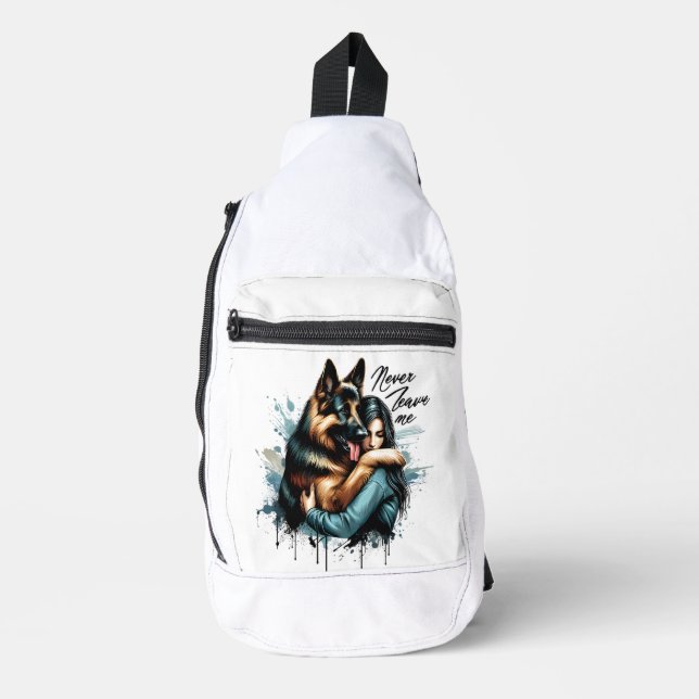 Woman Hugging German shepherd With Never Leave Me Sling Bag (Front)