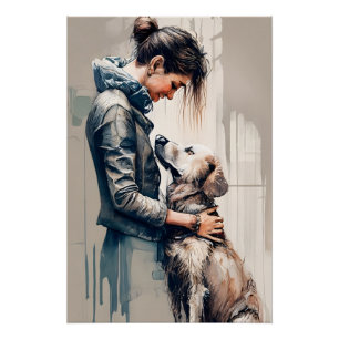 Woman hugging her dog poster