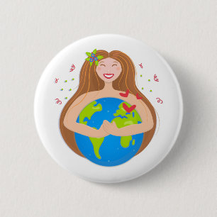 Woman hugging planet Earth 6 Cm Round Badge