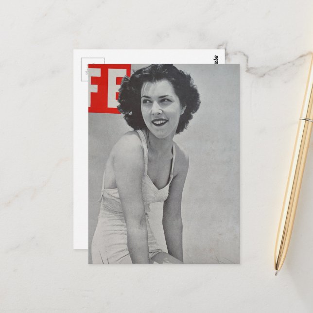 Woman in 1939 on the beach black and white postcard (Front/Back In Situ)