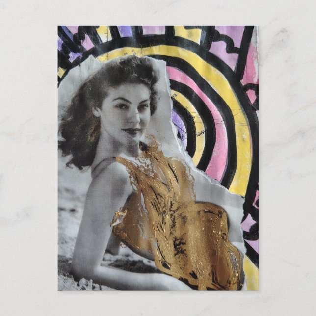 Woman in 1939 on the beach gold swimsuit postcard (Front)