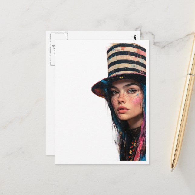 Woman in a Colorful Tophat Mixed Media Collage Postcard (Front/Back In Situ)