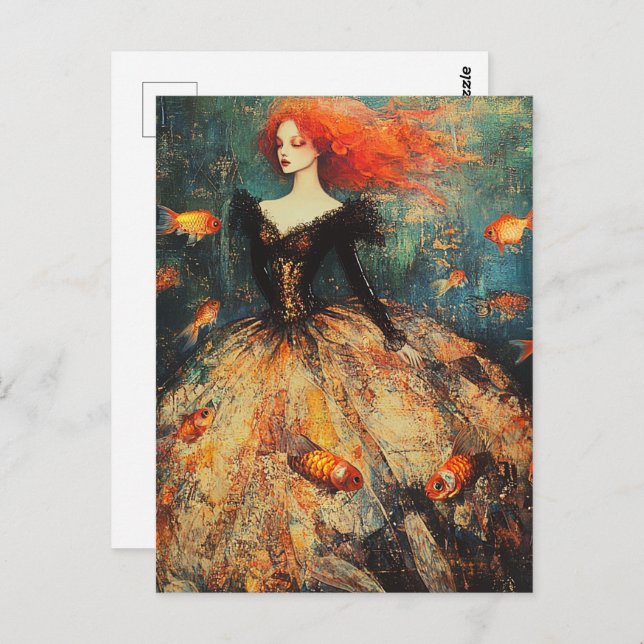 Woman in a Fish Scale Dress Fashion With Goldfish Postcard (Front/Back)