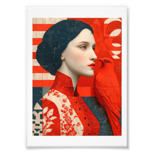 Woman in a flowered red floral dress & a red bird photo print