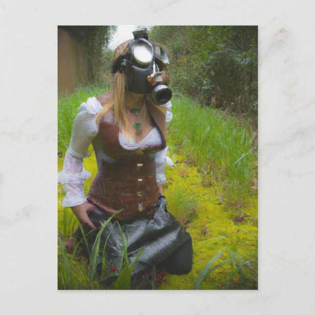 Woman in a Gas Mask in the Woods Postcard (Front)