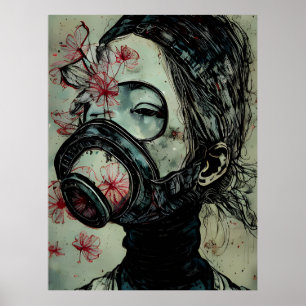 Woman in a Gas Mask With Flowers Poster