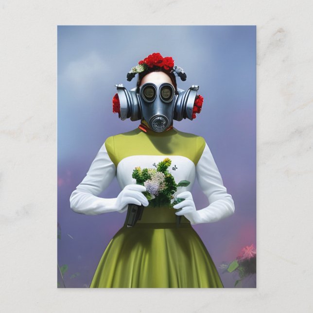 Woman in a green and white dress and a gas mask  postcard (Front)