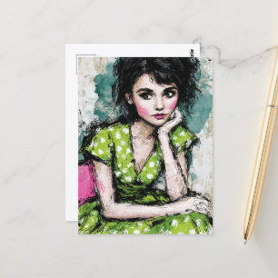 Woman in a Green and White Polka Dot Dress Postcard