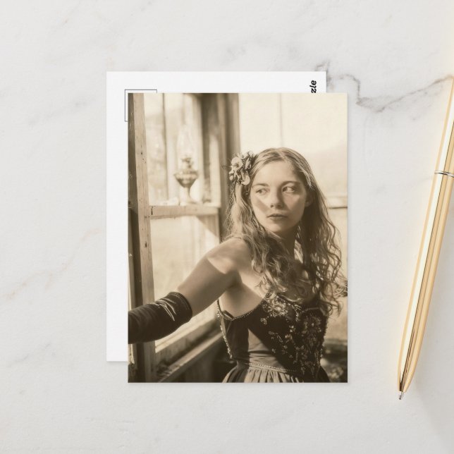 Woman in a Greenhouse Sepia Vintage Postcard (Front/Back In Situ)