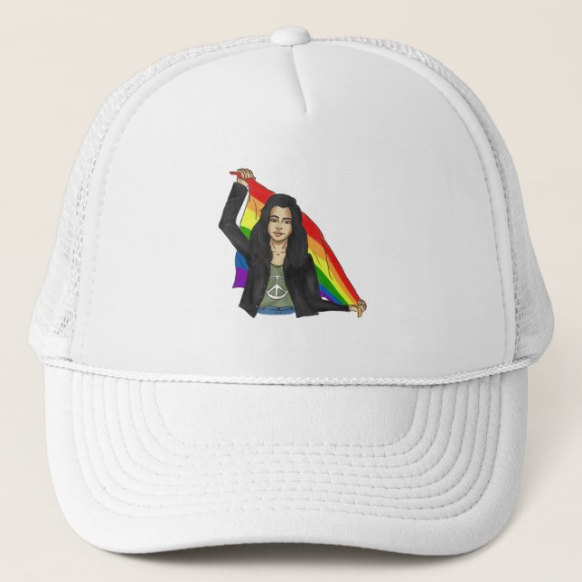 Woman in a Peace T-shirt With a Rainbow Flag LGBTQ Trucker Hat (Front)
