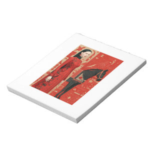 Woman in a red flowered dress & black horse notepad