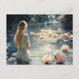 Woman in a Serene Pond Blooming Water Lilies Postcard