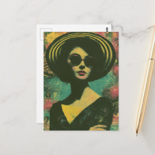 Woman in a Striped Sunhat Fashion and Summer Fun Postcard
