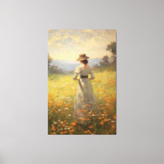 Woman in a Vibrant Wildflower Meadow Oil Painting Canvas Print (Front)