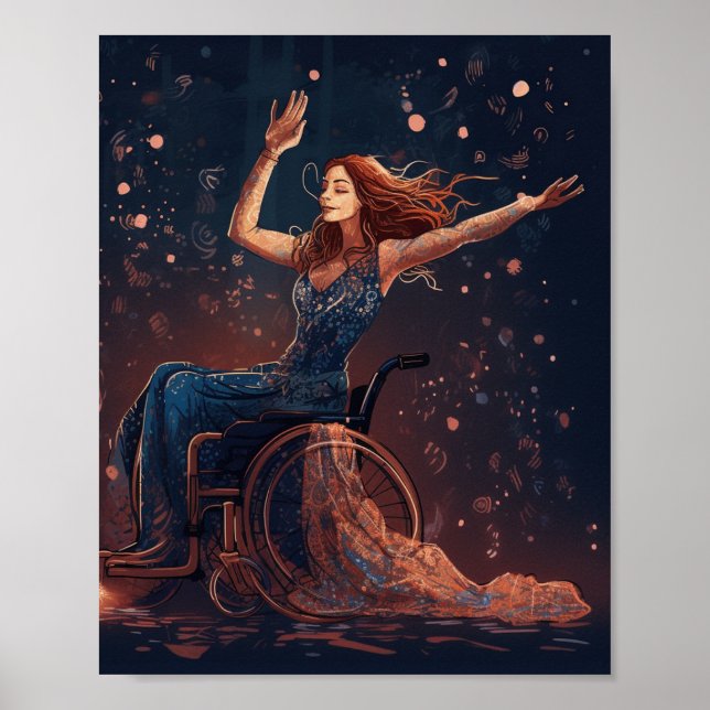 Woman in a wheelchair dances joyfully poster (Front)