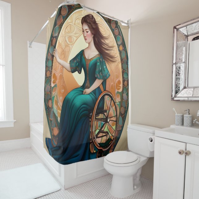 Woman in a wheelchair dances joyfully shower curtain (In Situ)
