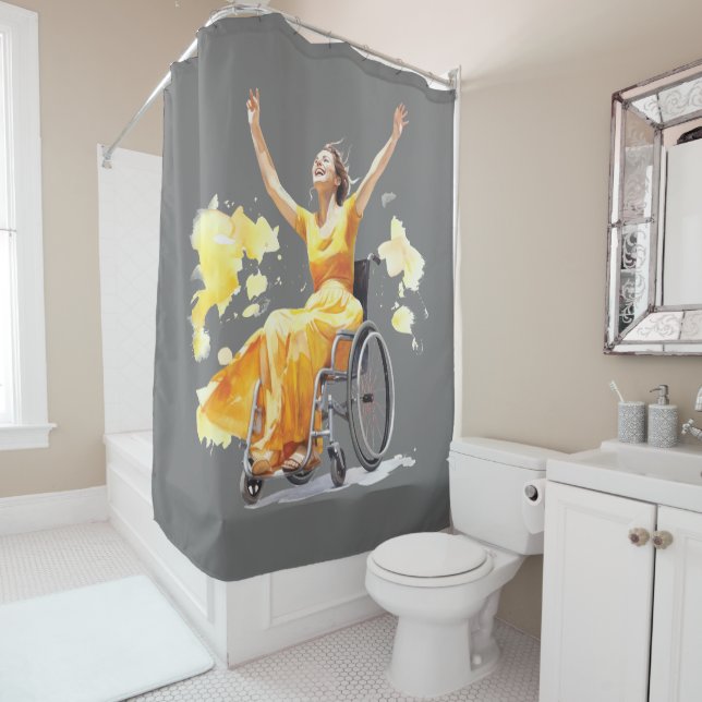Woman in a wheelchair dances joyfully shower curtain (In Situ)