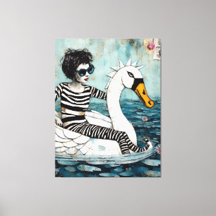 Woman in a Zebra Striped Outfit Floating on a Swan Canvas Print