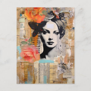 Woman in an Abstract Mixed Media Collage Postcard