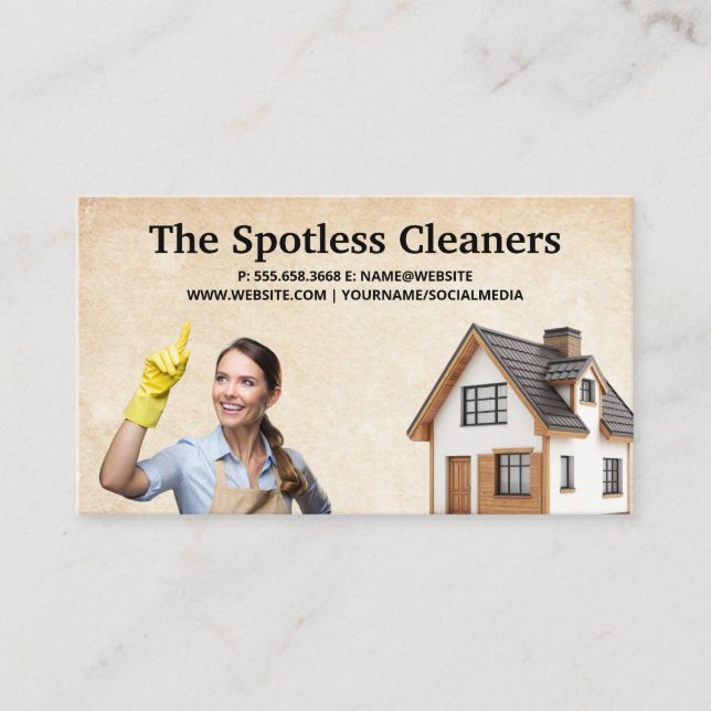 Woman in Apron and Gloves | Modern Home Business Card (Front)