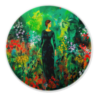 Woman in Beautiful Green Meadow  Ceramic Knob