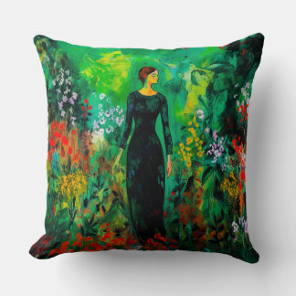Woman in Beautiful Green Meadow  Cushion