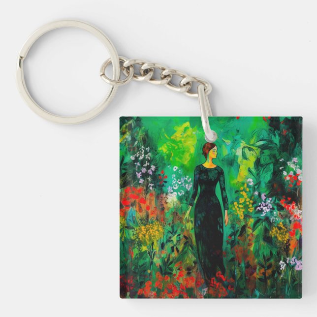 Woman in Beautiful Green Meadow  Key Ring (Front)