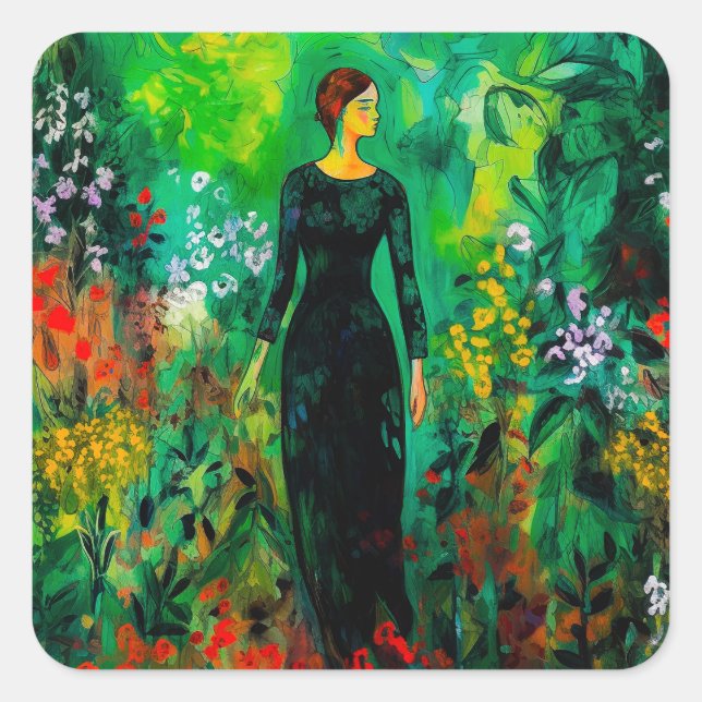 Woman in Beautiful Green Meadow  Square Sticker (Front)