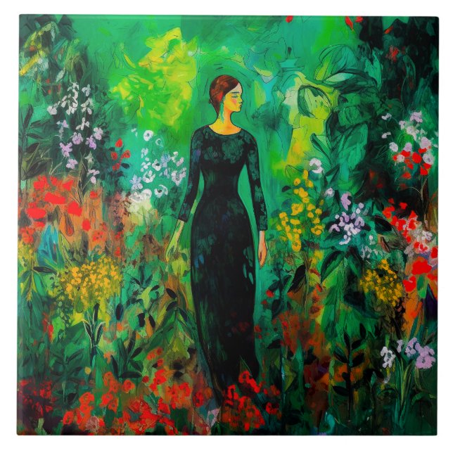 Woman in Beautiful Green Meadow  Tile (Front)