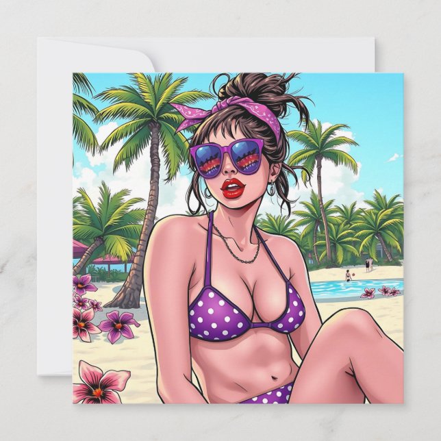 Woman in Bikini and Bandanna at Beach  Card (Front)
