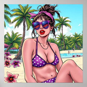 Woman in Bikini and Bandanna at Beach  Poster